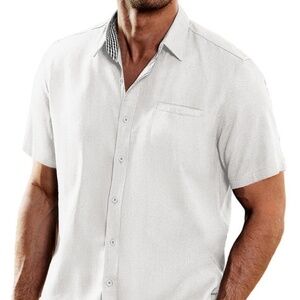 Casual White Cotton Linen Shirt With Plaid Collar